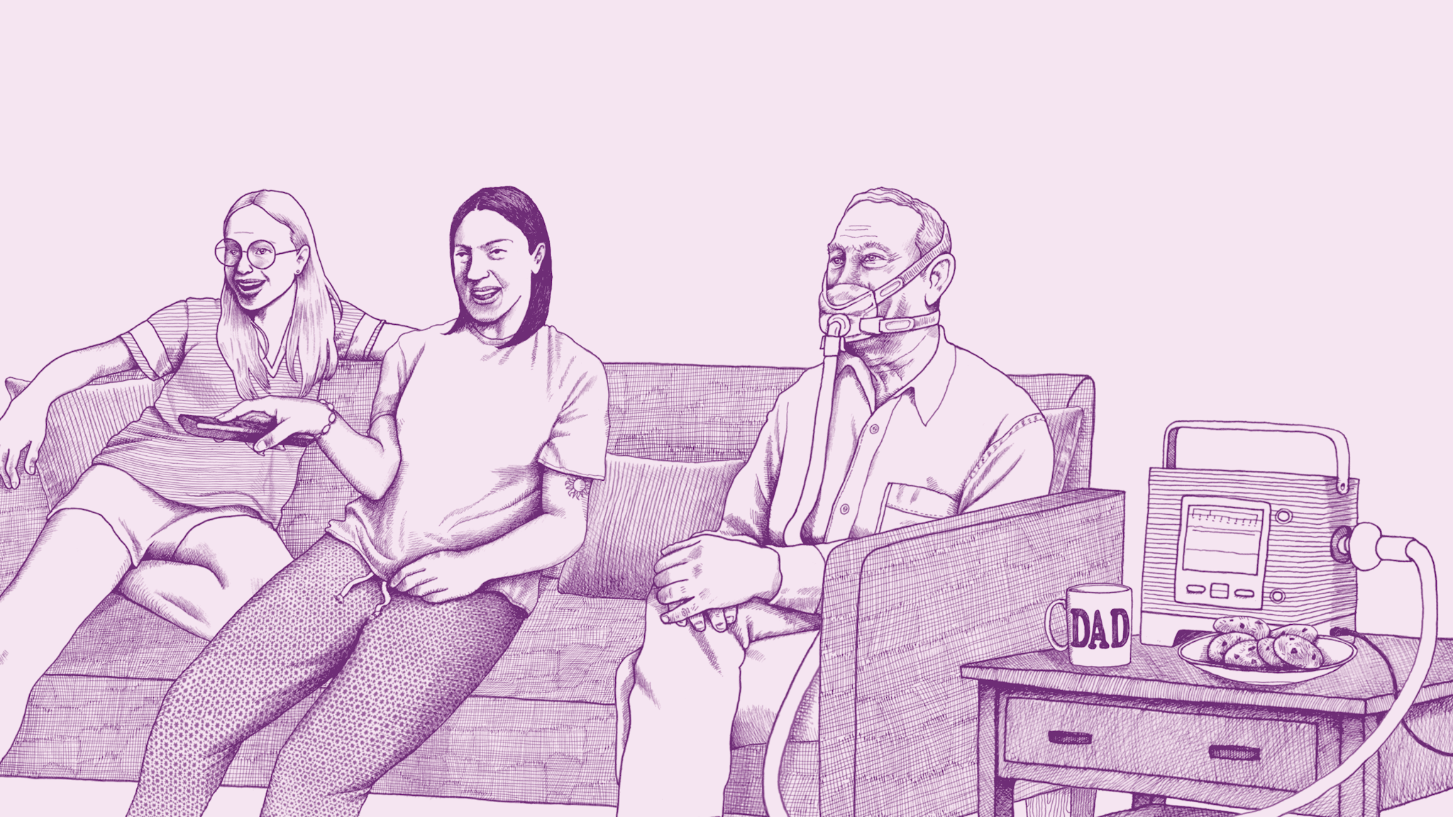 An illustration of a white woman smiling and sitting on a couch. She is joined by her female partner and older father, who is using an oxygen machine.