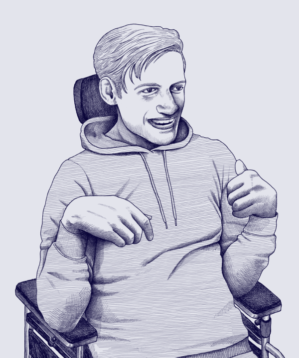 Nava brand line illustration of a white man in a wheelchair smiling in blue ink. Illustrations show the diversity of humanity through a journalistic, intentionally imperfect, photo-realistic style.